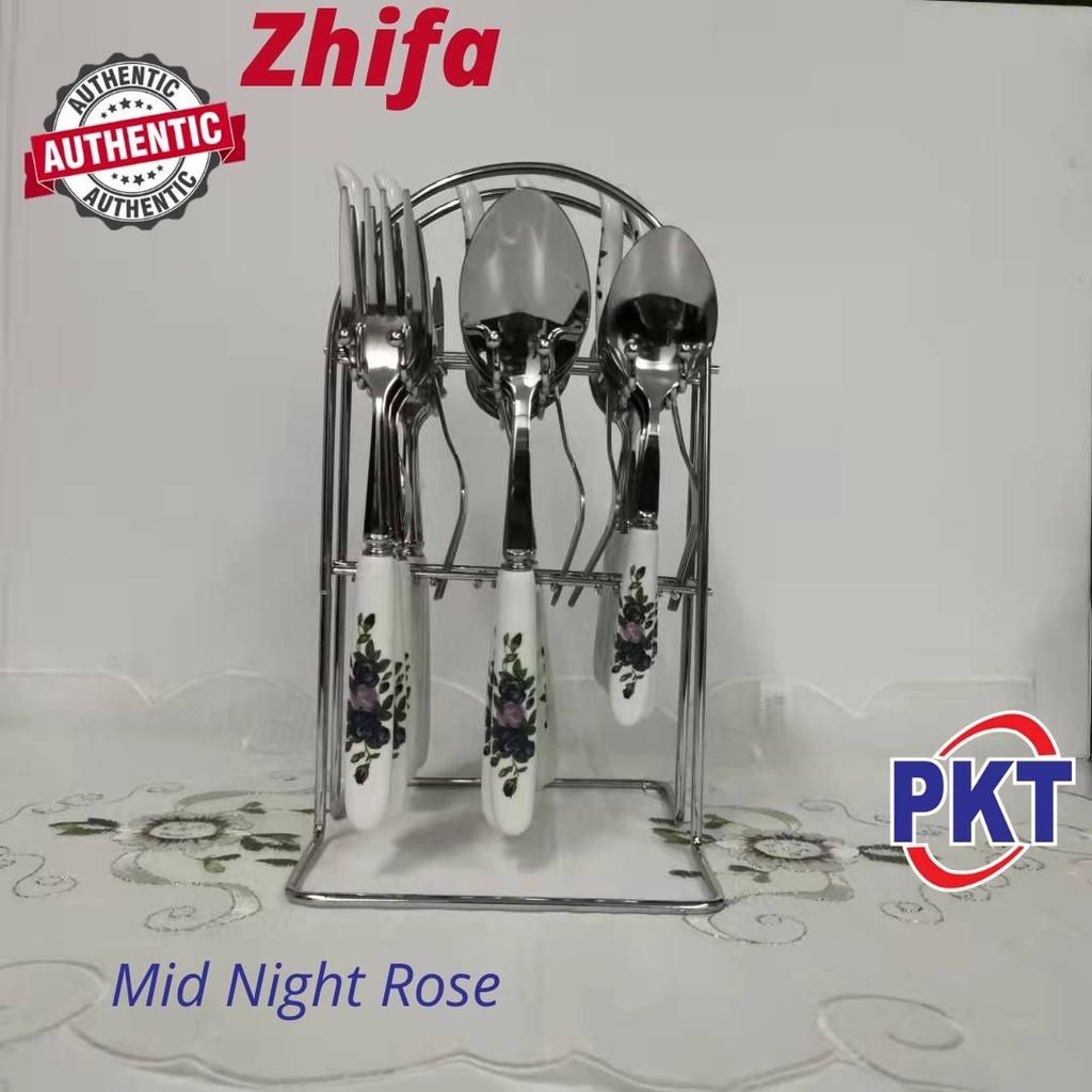 🌟FREE RACK Cutlery Set Zhifa 24pc Floral Design Porcelain Handle Stainless Steel [ Sudu Ceramic Pink Rose Bunga Vantage