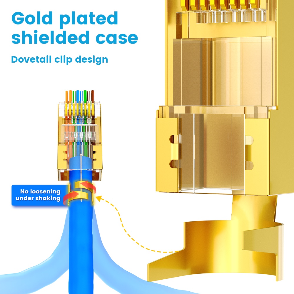 Connettori RJ45 Cat7 Passanti Placcati Oro 50µ - Spina Ethernet Schermata Per Cavo 23 AWG, Set Da 20 Con Guaina