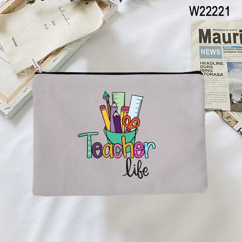Teacher Life Pattern Canvas Pouch Teacher Pencil Storage Bags Makeup ...