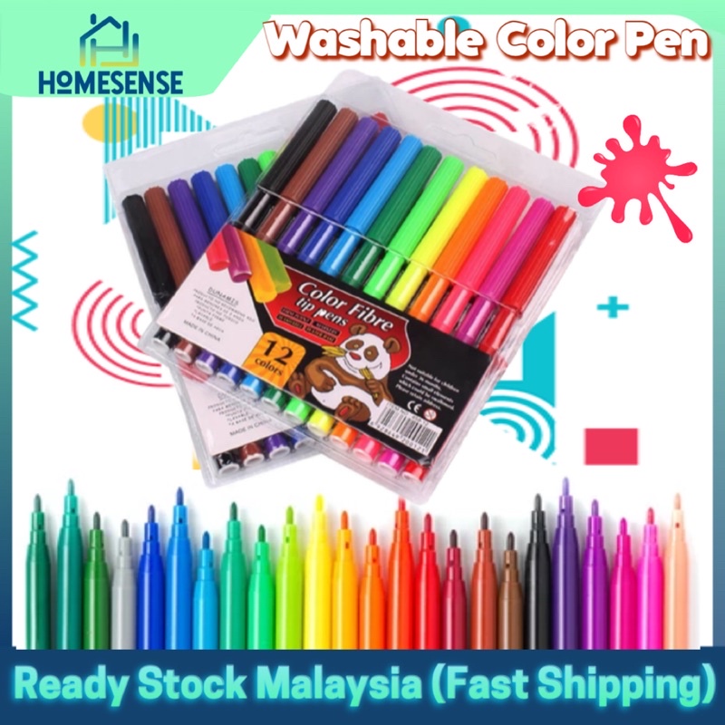 Washable Colour Pen Fiber Tip Watercolour 12 Colour Drawing Fibre Water ...