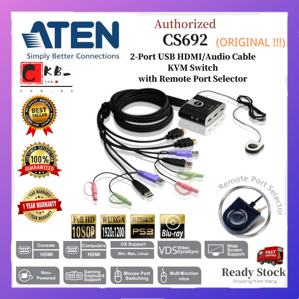 ATEN CS692 2Port USB HDMI/Audio Cable KVM Switch with Remote Port