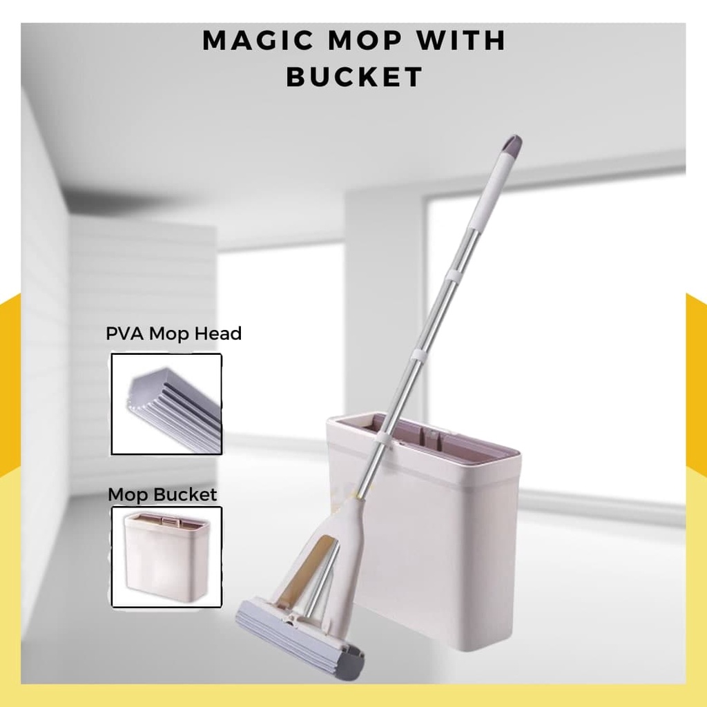 Magic Mop PVA Sponge Mop With Bucket Hands Free Squeeze Dry Floor Cleaning  | Shopee Malaysia