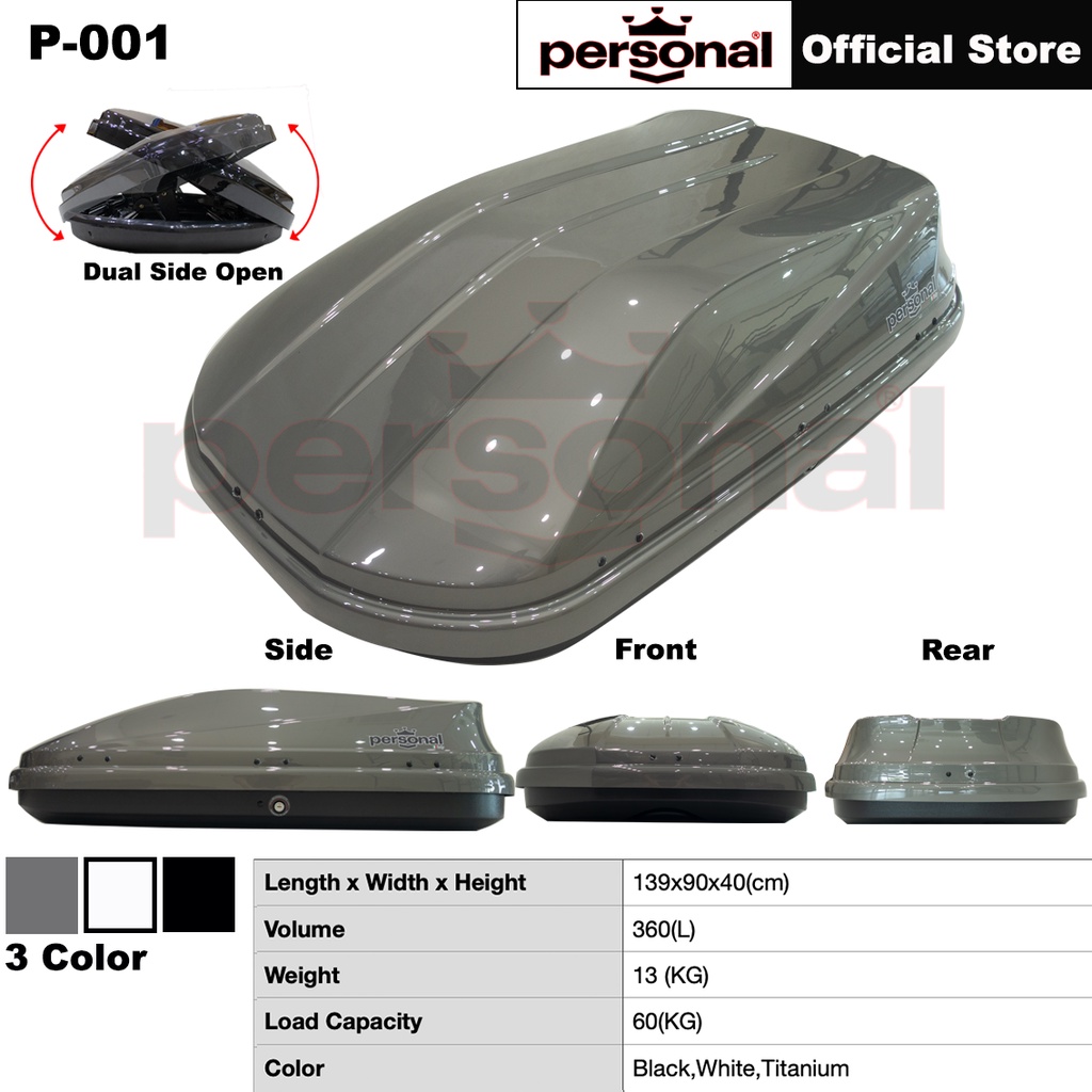 PERSONAL P001 Car Roof Box PC Material (S Size 360L) Glossy Color Compact Cargo Roofbox Carrier