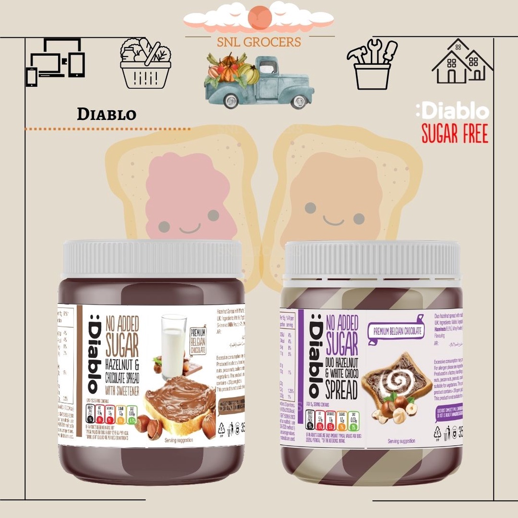 Diablo Sugar Free Spread (Hazelnut & Chocolate / Duo Hazelnut & White Chocolate) (350g) Shopee