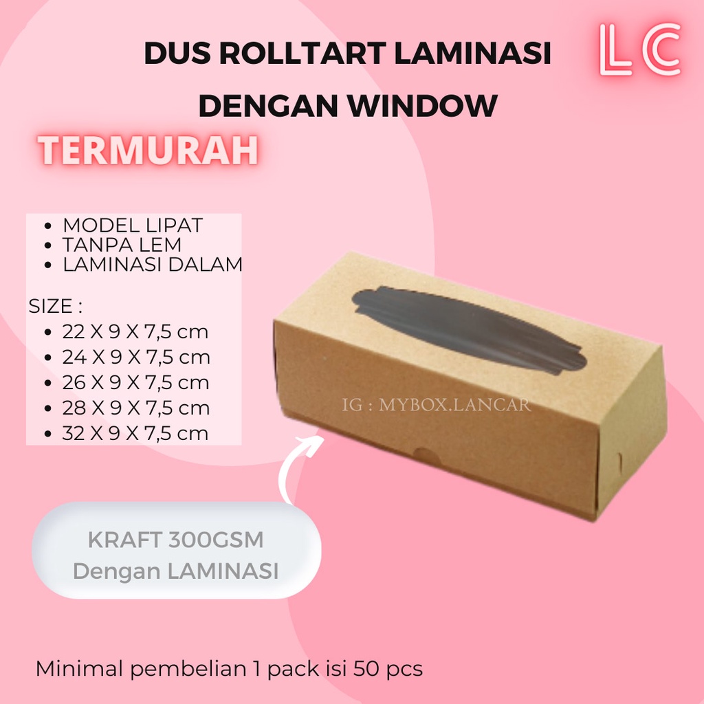 (50pcs) Rolltart Window Lamination BOX 28 X 9 X 7.5 cm Brown Cake BOX
