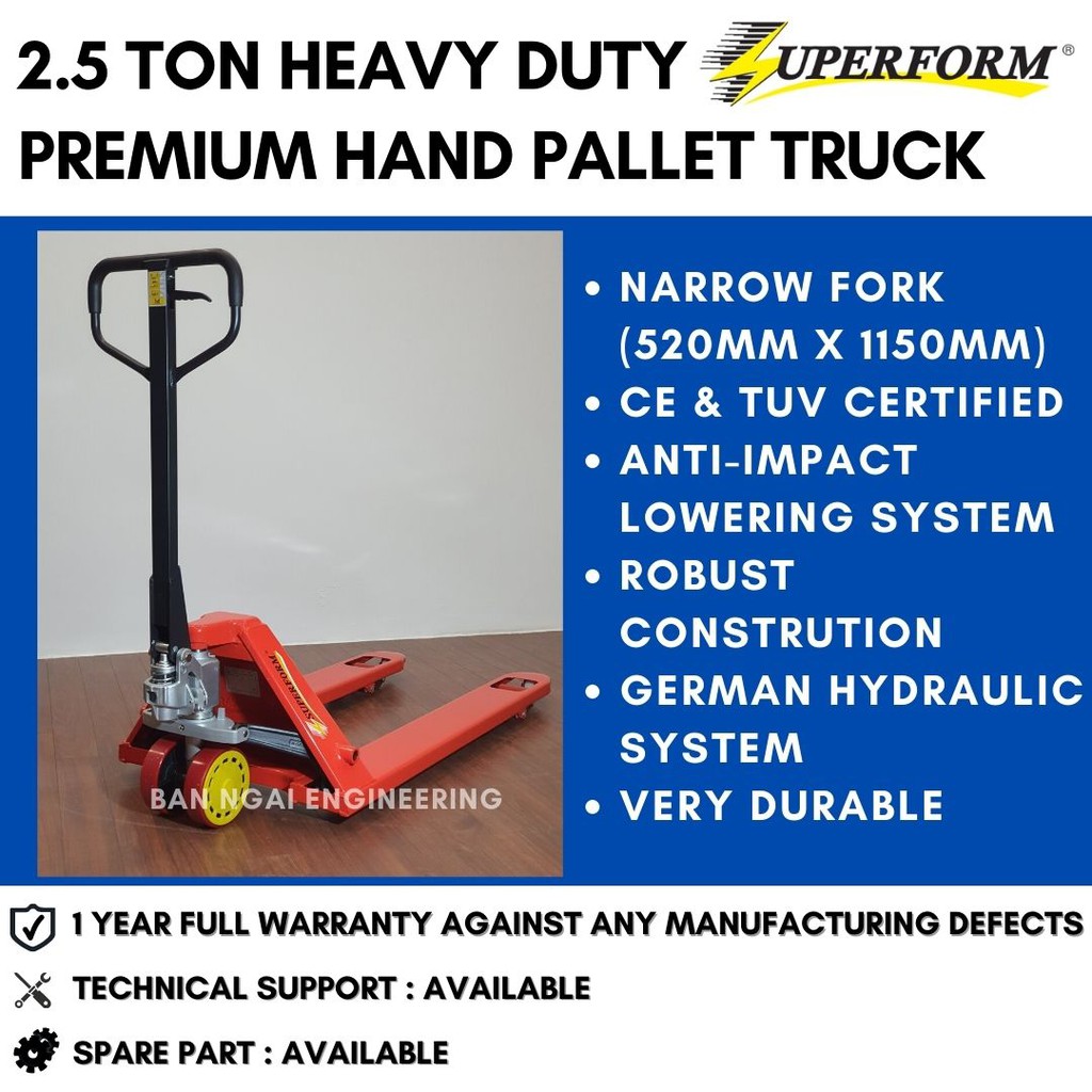 SUPERFORM 2.5 Ton Hand Pallet Truck Narrow Fork (520mm x 1150mm) Manual