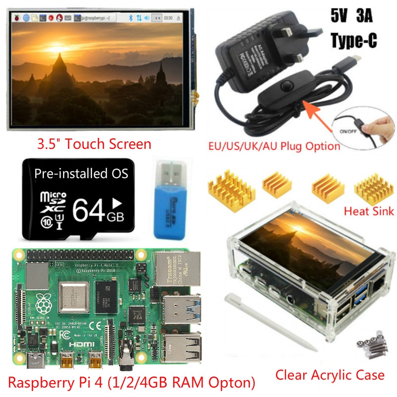 Raspberry Pi 3 B With 3.5” orders LCD Touchscreen Case, Stylus, Power Adapter, and SD