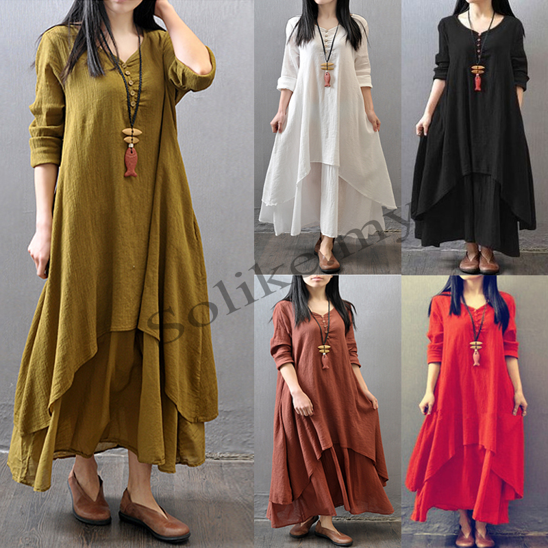 Women's Long Sleeve Linen Cotton Plus Size Long Dress Muslimah Dress ...