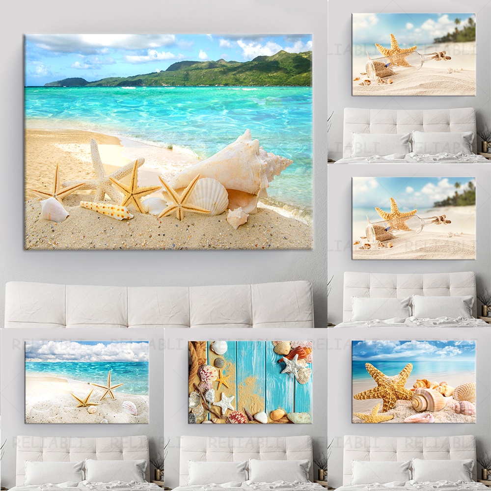 Beach Seascape Canvas Painting Shell Sea Wall Art Starfish Shells Wall ...