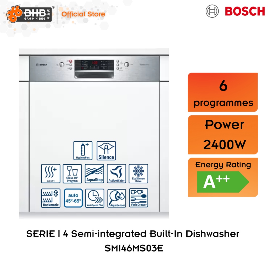 Bosch Serie 4 Semiintegrated Builtin Dishwasher, 60 cm Stainless