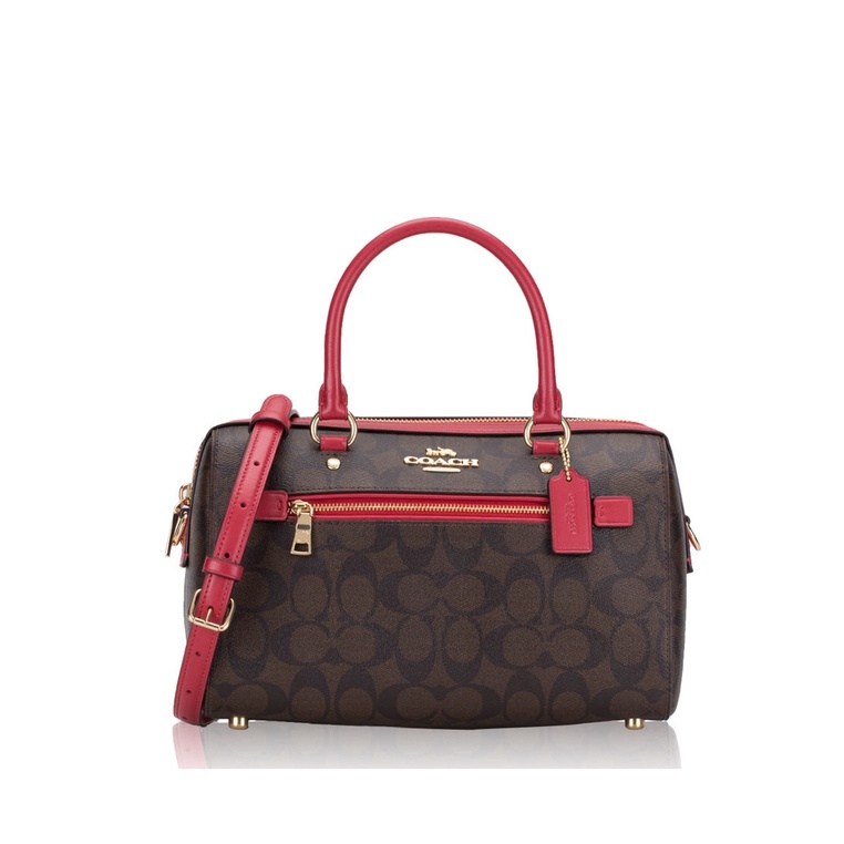 Coach Rowan Satchel In Signature Canvas - Dark Brown/Red | Shopee Malaysia