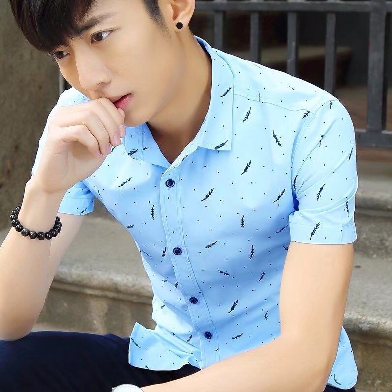 New men's shirt printed feather Korean men's casual trend shirt fashion ...