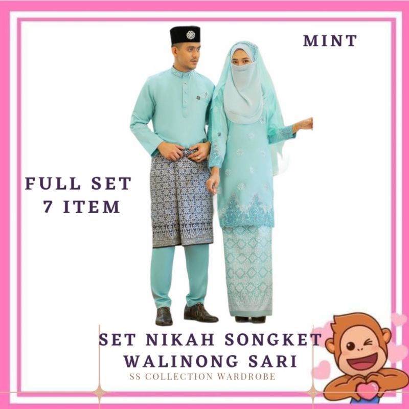 [FULL SET 7 ITEM MINT GREEN] SET COUPLE NIKAH/TUNANG KURUNG SONGKET ...