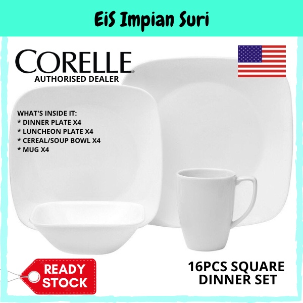 (Ready Stock!!) Corelle Winter Frost (Pure White) Square 16pc Dinnerware Set Livingware Dinner Serve Set
