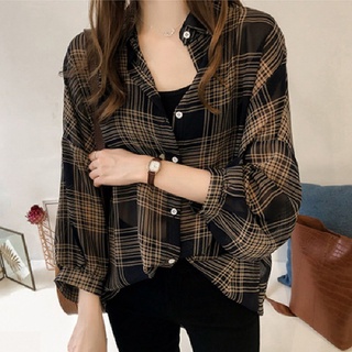 Korean Style Lapel Plaid Shirt for Women Casual Loose Long Sleeve Blouse  Plus Size Top