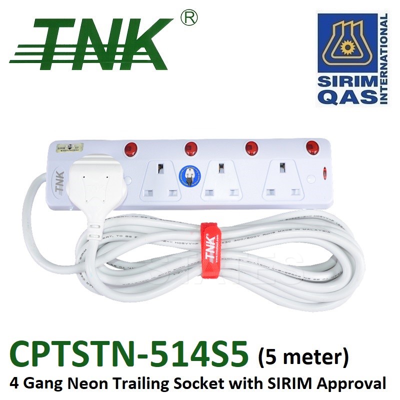 TNK 4 Gang Neon Trailing Socket with 3 Pin 13A Fuse Molded Plug 5 meter ...
