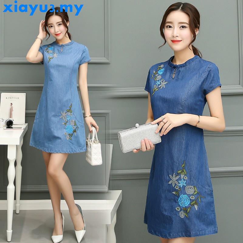 Women Buckle Slim Embroidery Large Size Long Cheongsam Dress Denim