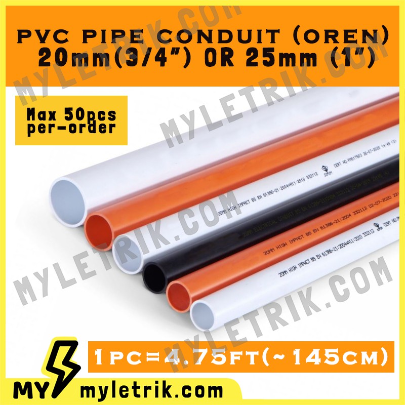 Ready Stok PVC Electrical Conduit Pipe 1.45M / 145CM / 4.7 FT 20mm 3/4 ...