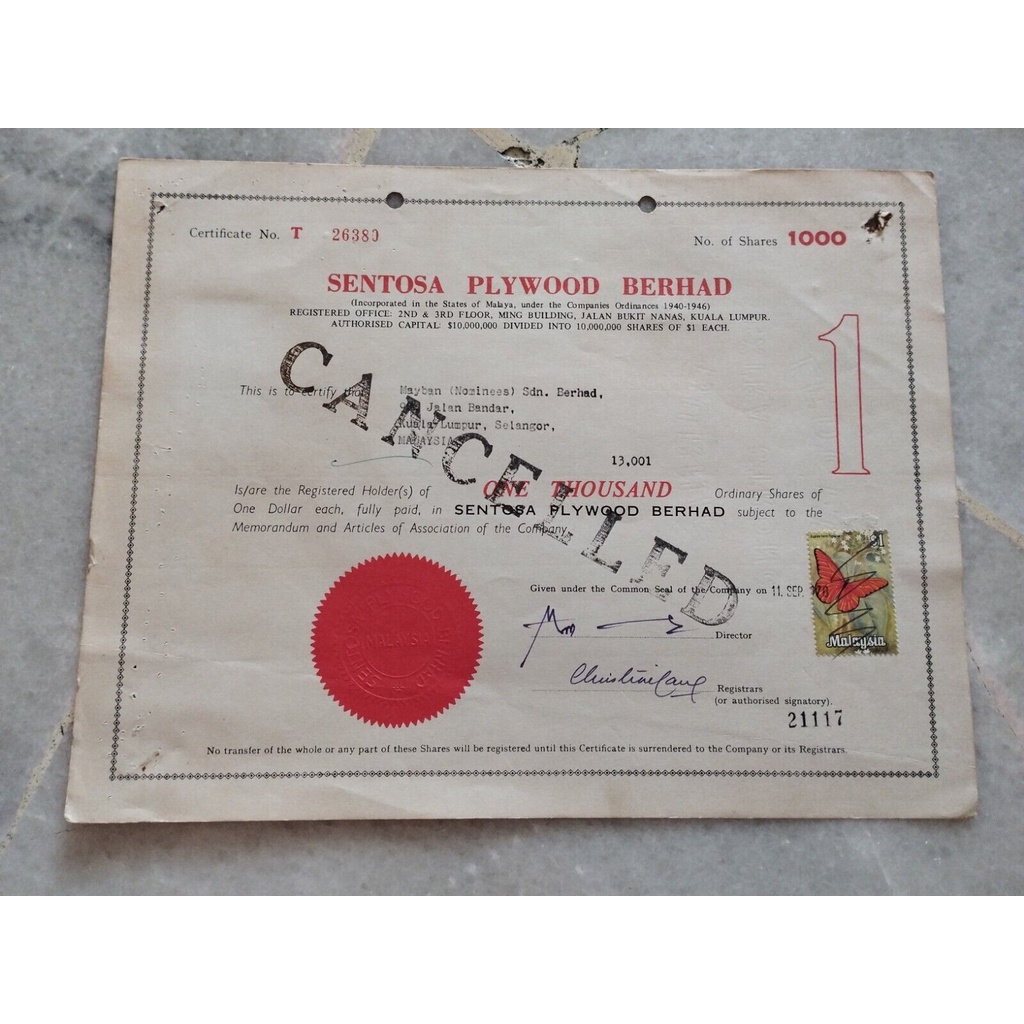 Malaysia 1978 Sentosa Plywood Berhad Share Certificate with 1v ...