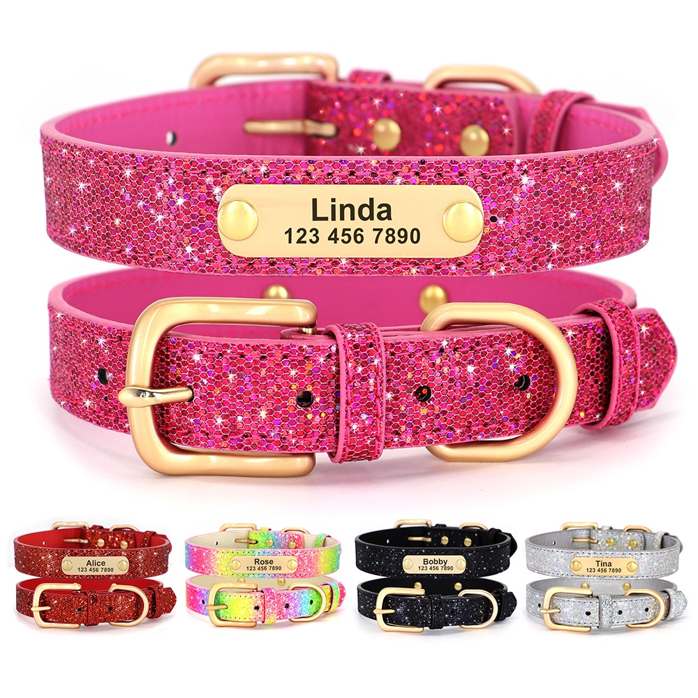 Bling Sequins Personalised Cat Collar Leather Glitter Dog