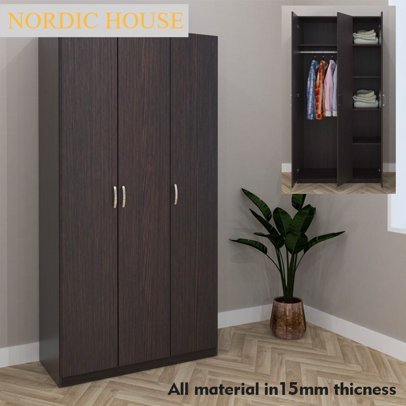 NH 3 Door wardrobe with stainless steel handle/ almari/ almari baju/ almari baju kayu/ 衣橱