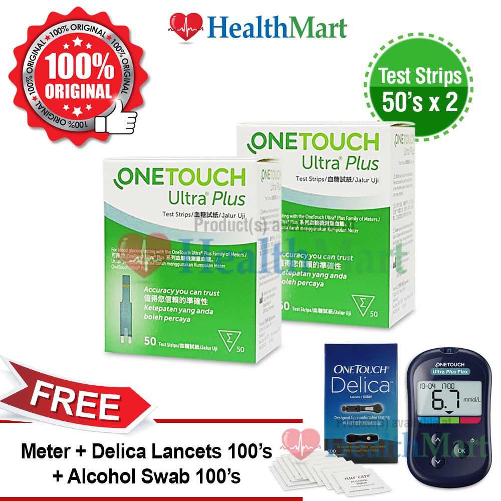 One Touch Ultra Plus Test Strips 50's x 2 (TWINPACK) FREE Meter + Delica Lancets 100's + Alcohol