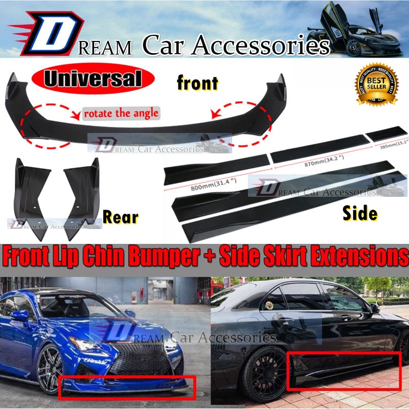 Universal Car Front Bumper Lip Spoiler & Side Skirt Splitter Kit – 4Pcs, Black Polyurethane