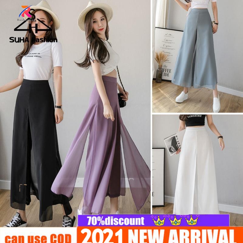 Ruidiandian Chiffon Nine Point Wide Leg Pants Women's Summer Loose High ...