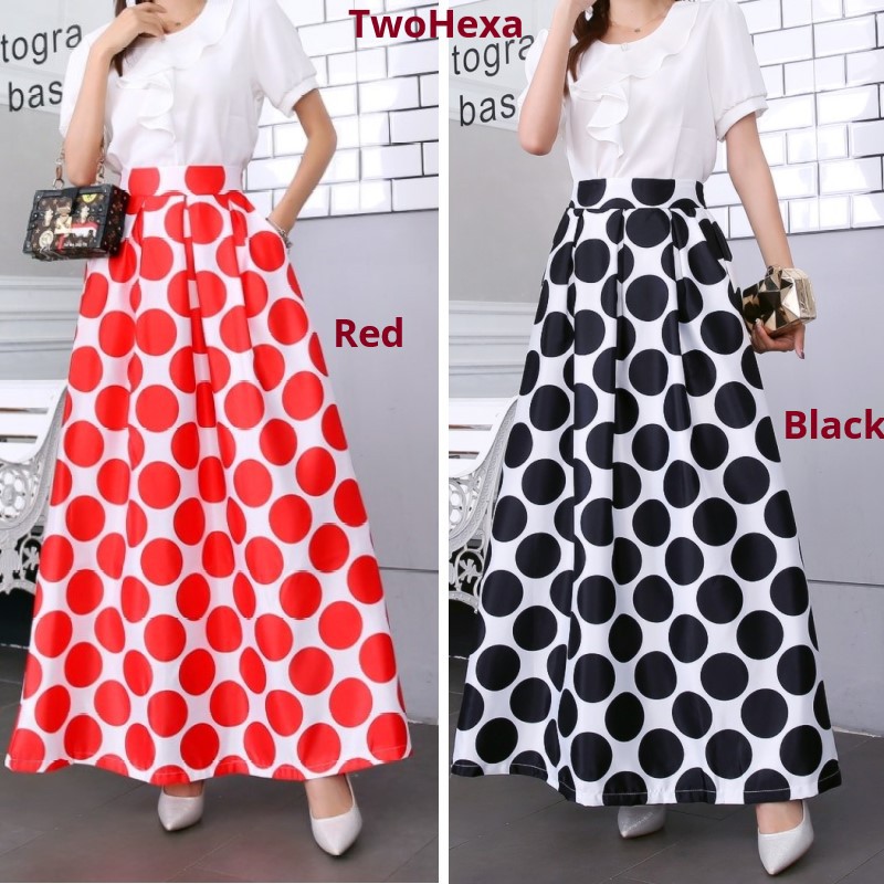 Fashion Women Polka Dot Print Long Skirts Elasitc High Waist Pleated ...