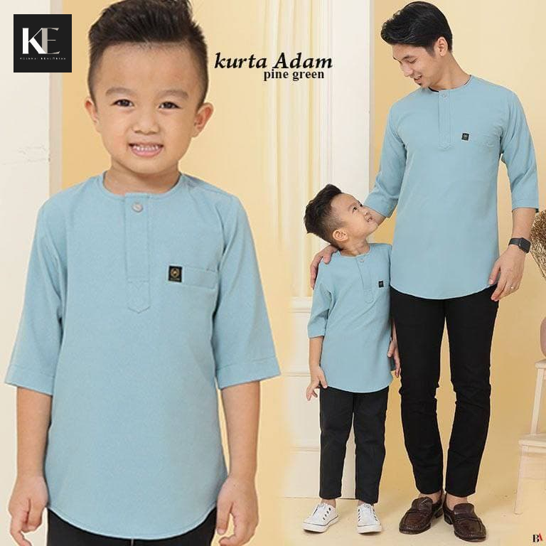 Baju Kurta Pine Slim Fit Green Lengan 3 Suku Adam Leher Teluk Belanga Baju Raya Sedondon Ayah 9453