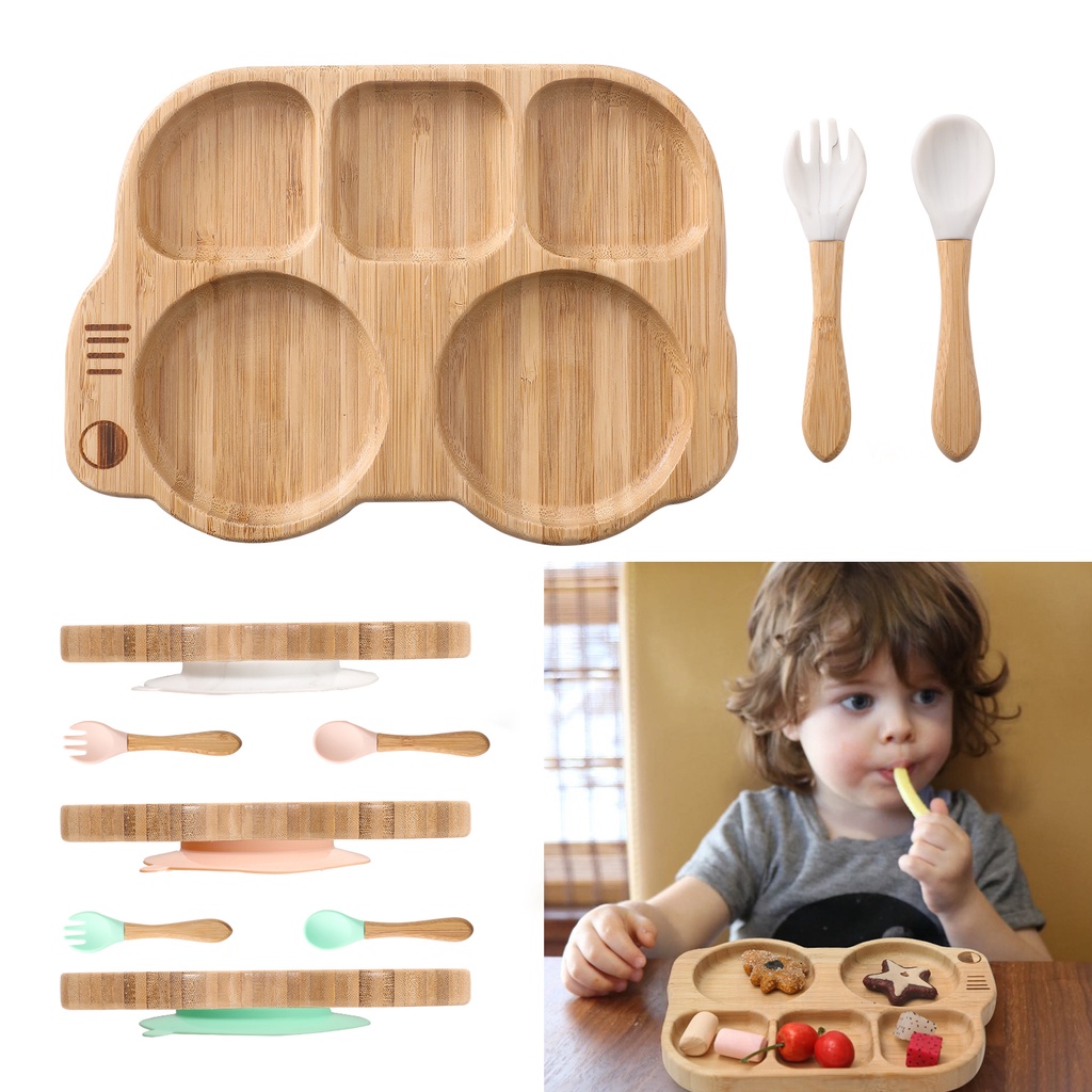 3pc Bamboo Wooden Dinnerware Set Silicone Spoon Fork Baby Feeding Tool