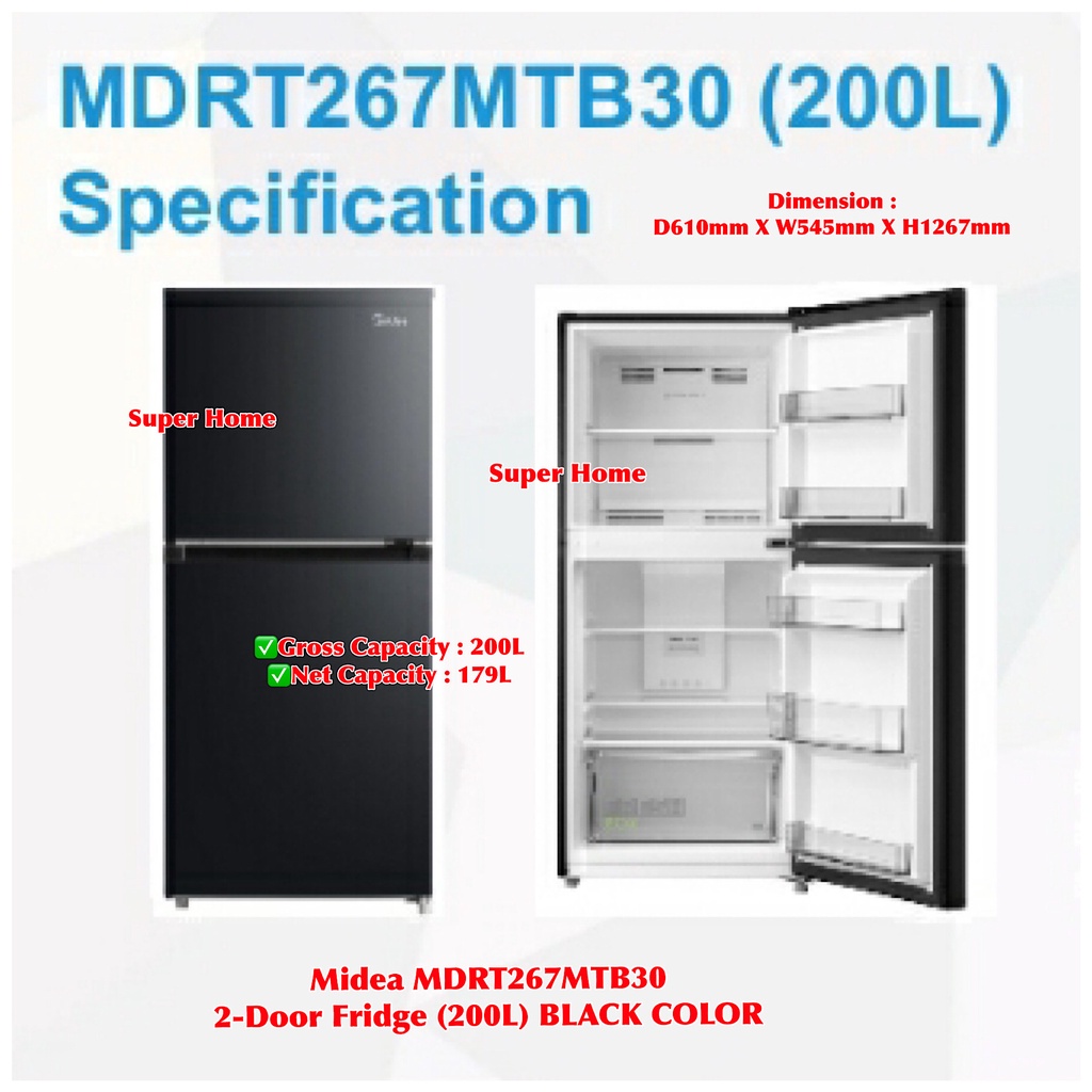 Midea Fridge MDRT267MTB30 2 Door Refrigerator (Gross 200L) 3 Star