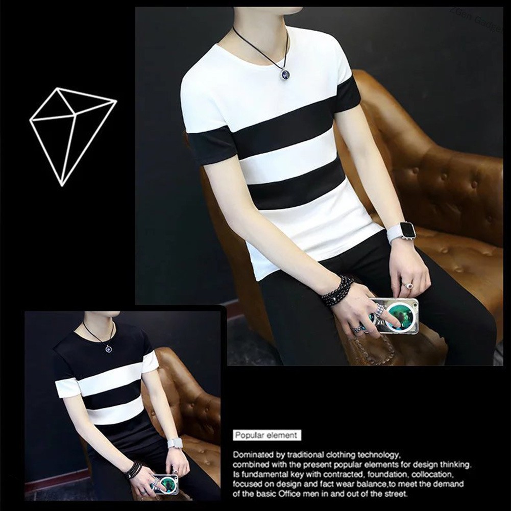 Men Short Sleeve T-shirt Round Collar Stripes Pattern Casual Tops