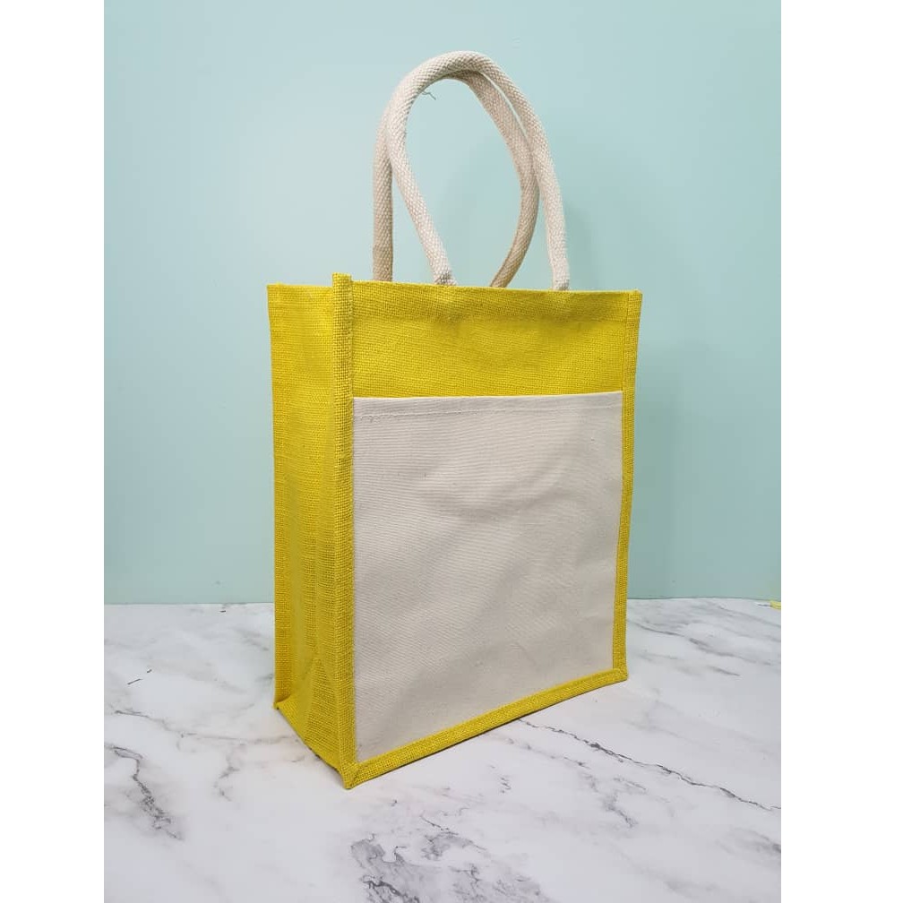 Jute Bag Medium A4 with Laminated Canvas Pocket Beg Jute Poket Kosong