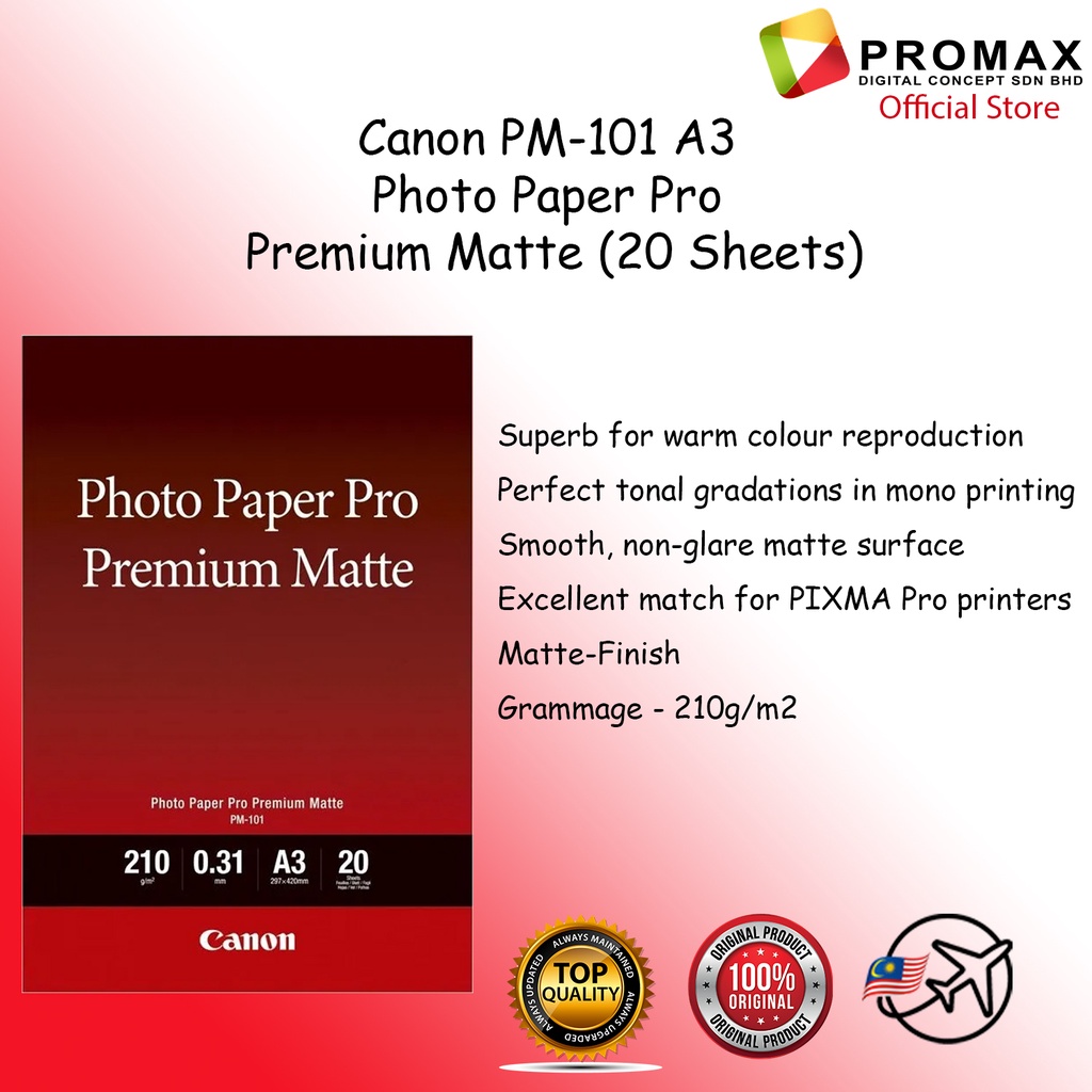 Canon A3 Photo Paper 20 shts LU101 PT101 PM101 Plus Glossy II / Pro