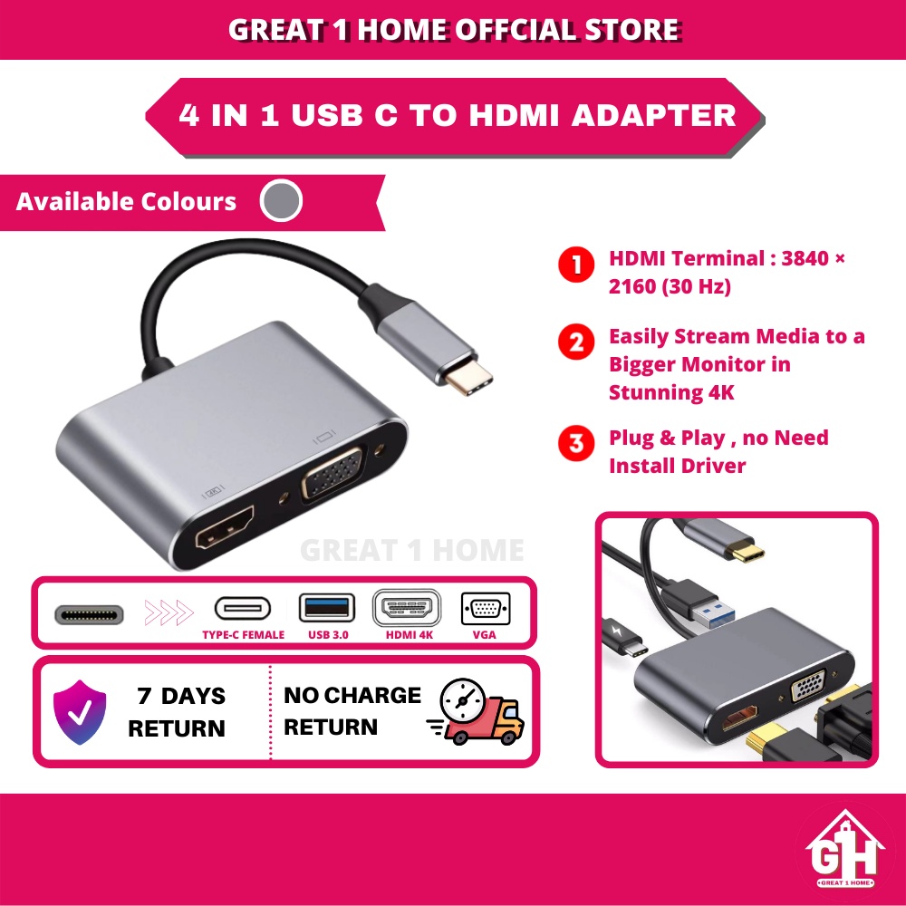 4 IN 1 USB C To HDMI 4K VGA Adapter USB 3.0 Type C USB-C to VGA HDMI ...