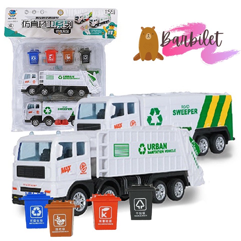 2Pcs City Sanitation Truck With 4 Loader Trash Can Toys Mainan Lorry ...