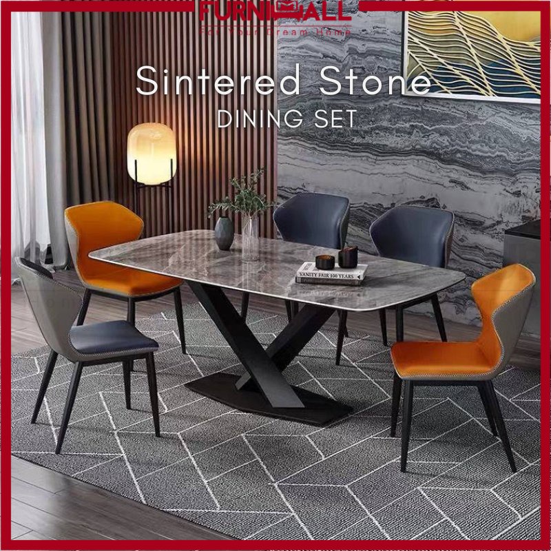 Furnimall Sintered Stone X Shape Dining Table Set Meja Makan Meja Batu