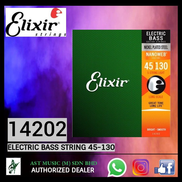 Elixir 14202 Nanoweb Light Long Scale 5-String Bass Strings 45-130 ...