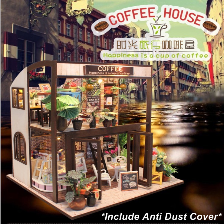 Dollhouse Miniature DIY Model Coffee House M027 (Anti Dust Cover & Tool