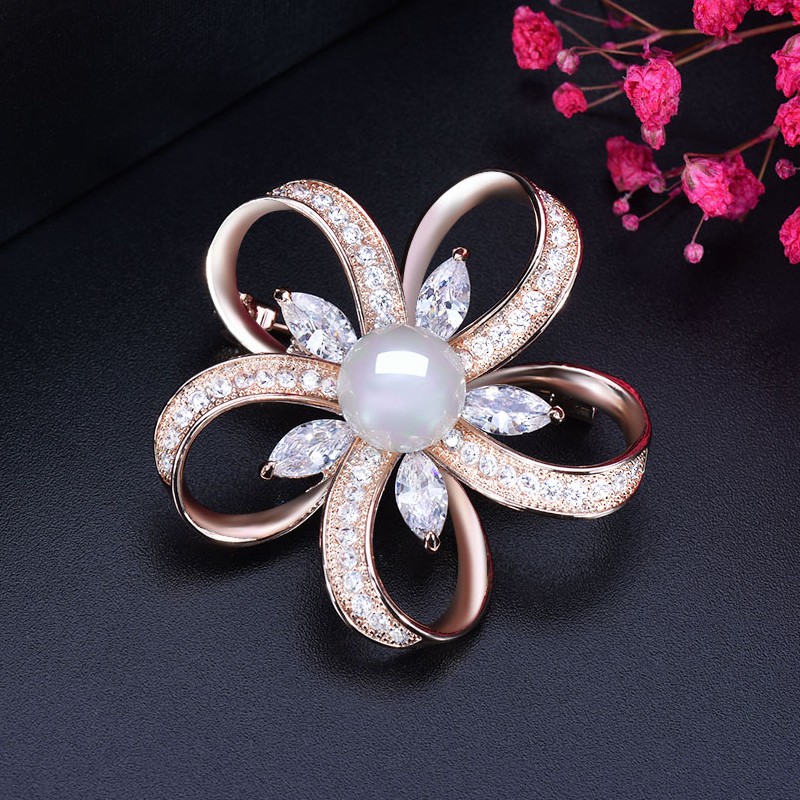 18K Rose Gold Plated Pearl Brooches CZ Diamond Big Flower Brooch Pin for  Women Coat or Dress AccessoriseGloriyaP001 | Shopee Malaysia