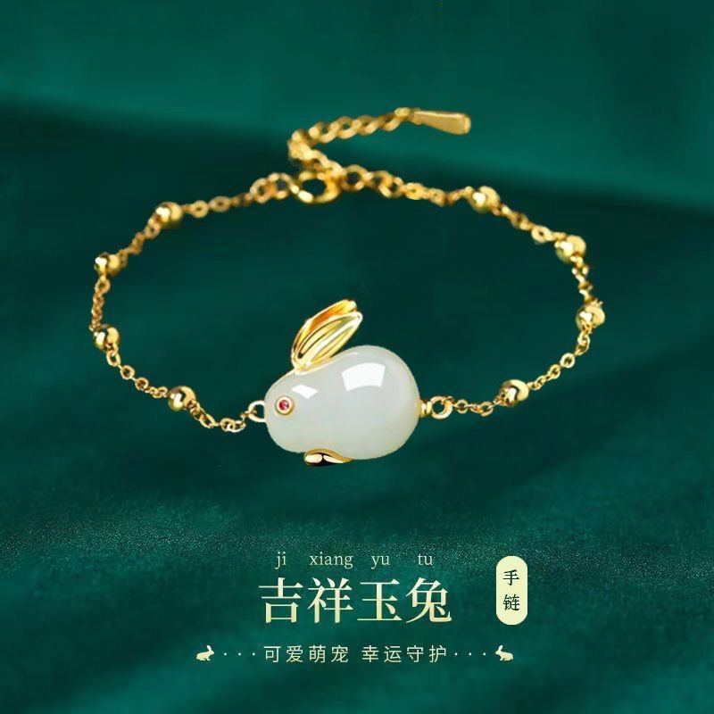 Green Jade Rabbit Pendant Necklace , Light Luxury Jade Rabbit Bracelet ...
