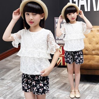 Short Pants Children Clothing Set Lace Short Sleeve White Shirt Floral ...