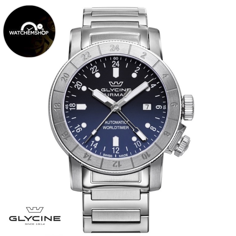 Glycine Airman World Timer 44 Blue GMT Swiss Made Automatic Triple Time Zone Watch Shopee Malaysia
