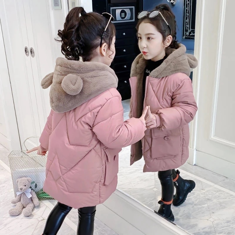 4-12 Years Girls Jacket Plus Velvet Warm Winter Coat Cute Bear