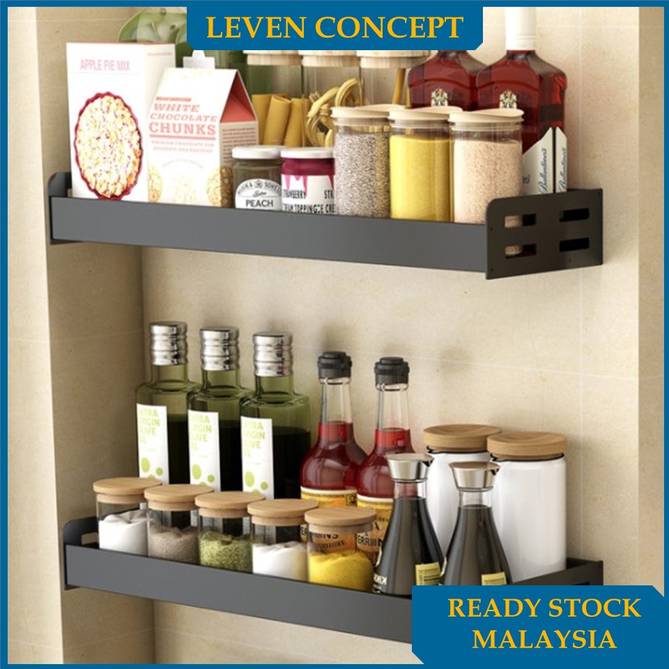 【Ready Stock】Non Drill Black Kitchen Multi-function Spice Rack Wall ...