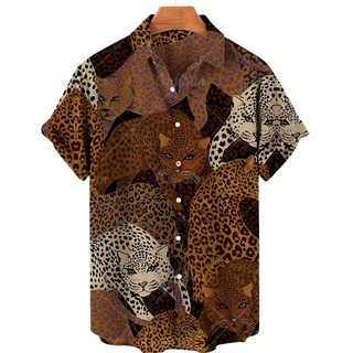 Vintage Leopard Print Button Up Shirt Men 2023 Brand Slim Fit Long