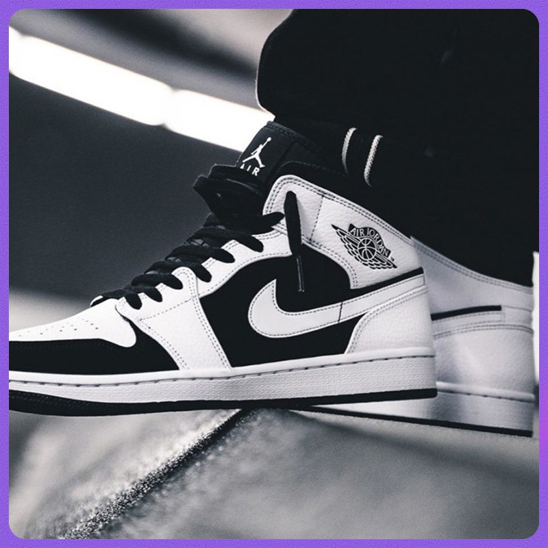 Air Jordan 1 Mid AJ1 middle cut black and white panda 554724 113 GS men and women high cut basketball shoes real suede