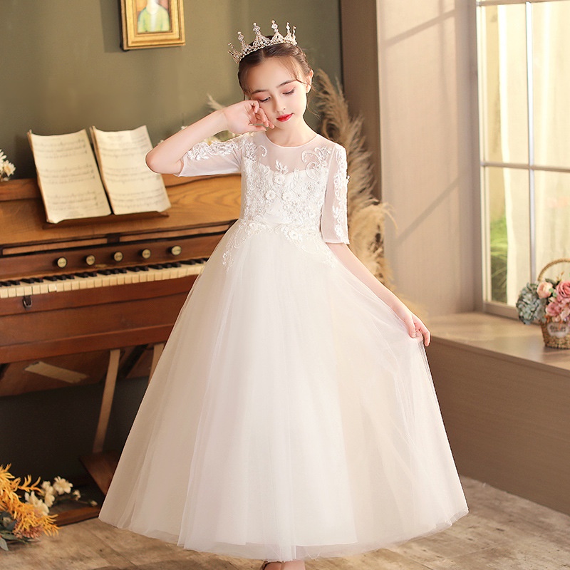 4-14 years White Girl Wedding Dress Costume Decal Embroidery Teenager  Princess Children Bridesmaid Dress For Girl Long Sleeve Lace Party Dress |  Shopee Malaysia