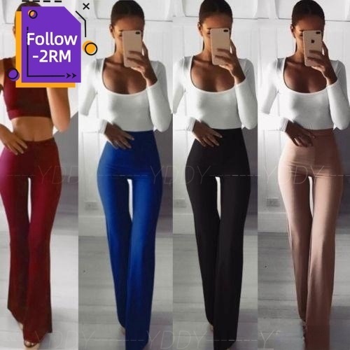 YDDY Women Solid Color High Waist Bodycon Wide Leg Pants Flare Pants ...